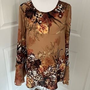 Zac & Rachel Blouse Long Bell Sleeve Medium Brown Floral Key‎ Hole Sustainable